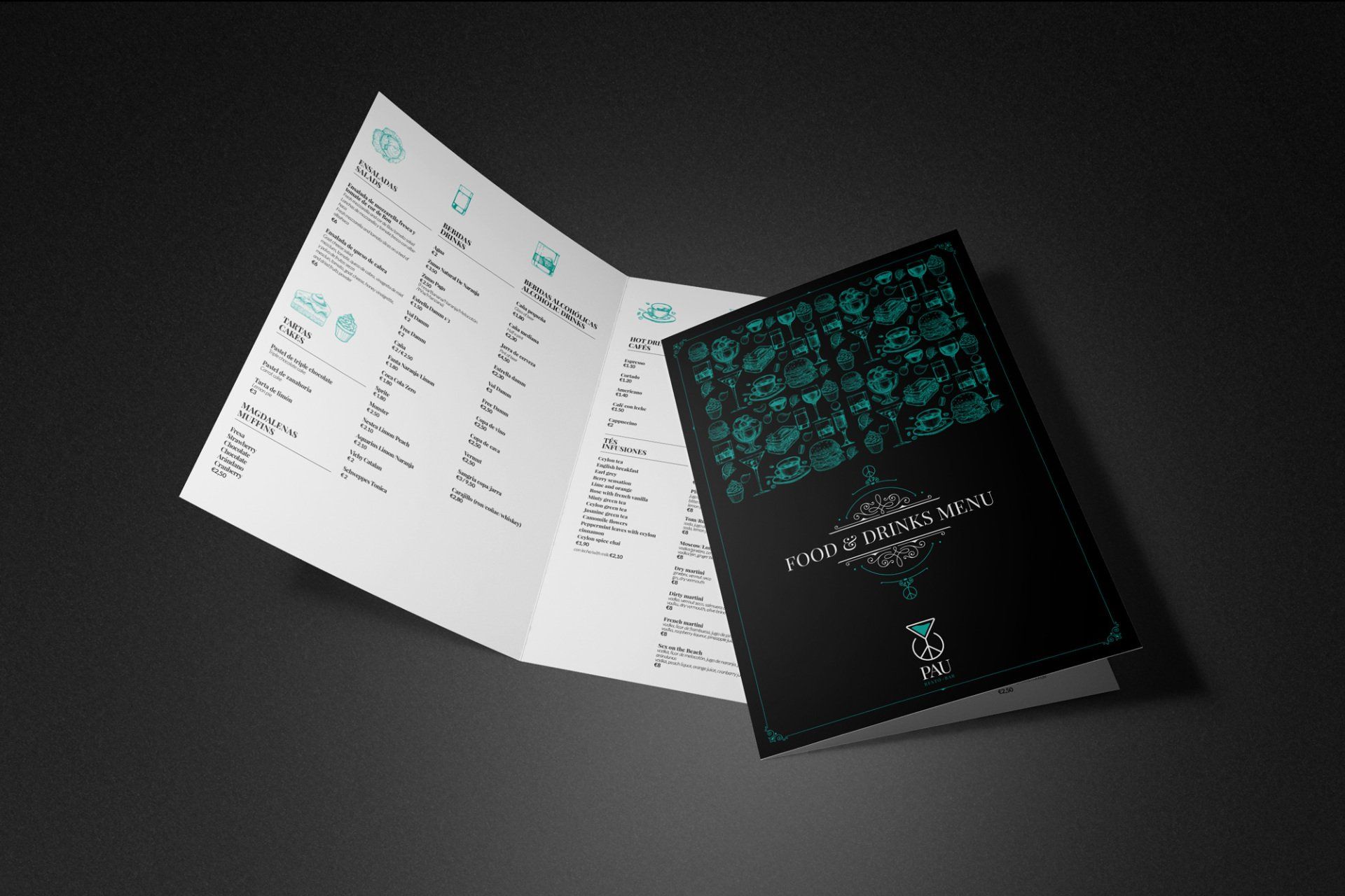 Tri-fold brochure, dark cover with teal design, open to reveal menu text.