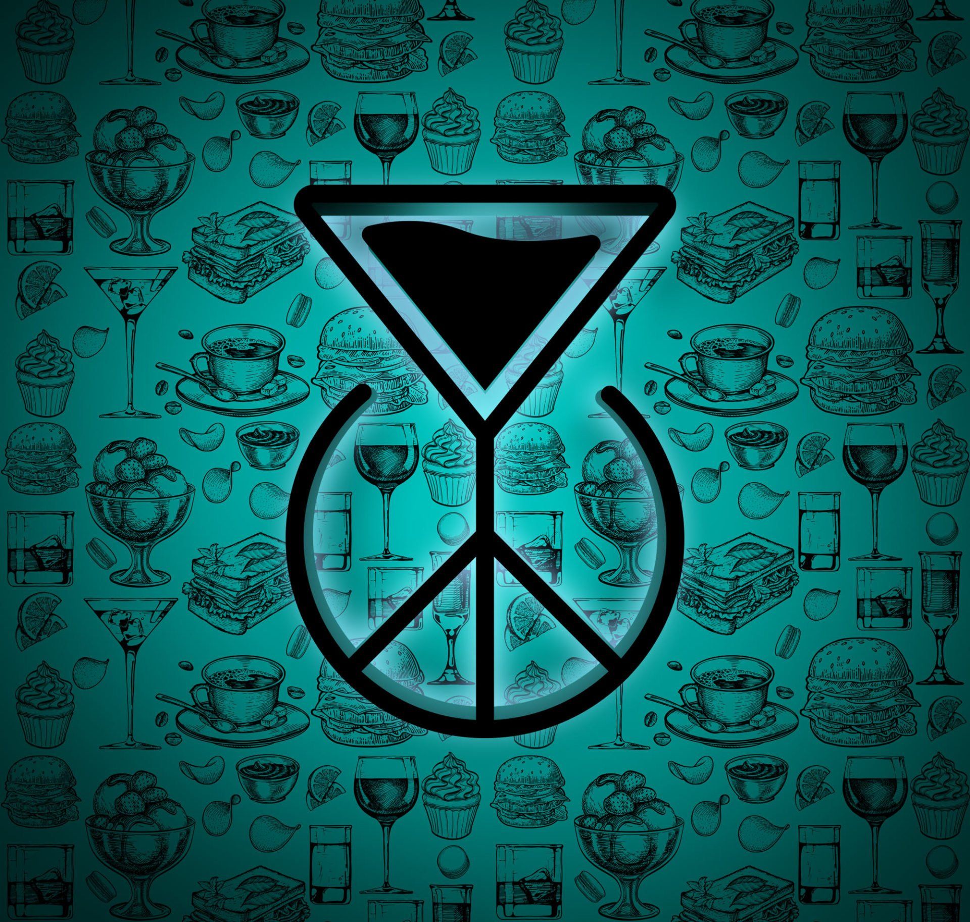 Glowing turquoise logo on a patterned food background. The logo depicts a black hourglass shape over a peace sign.
