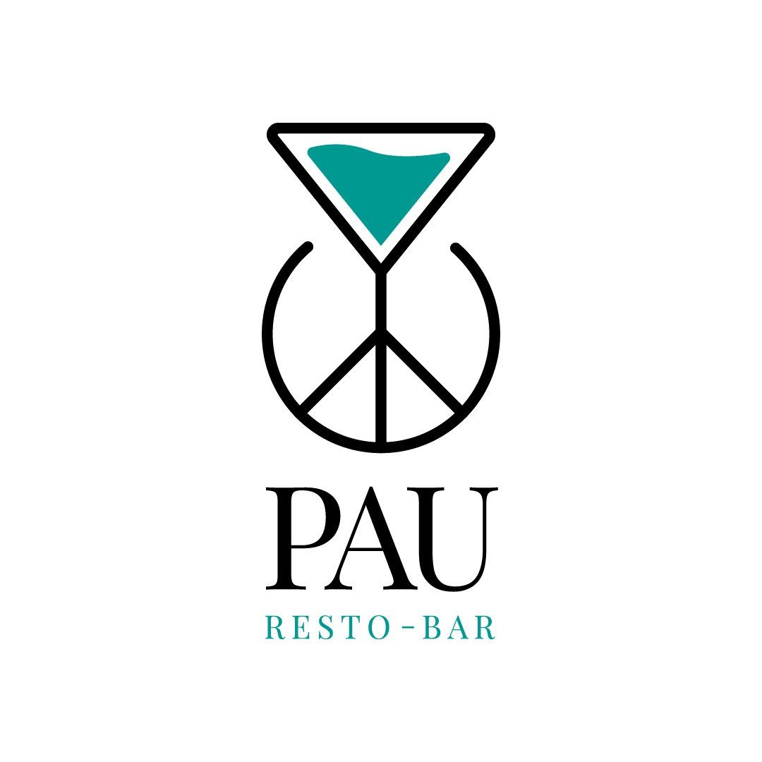 Logo for PAU Resto-Bar: Martini glass over peace symbol. Teal liquid in glass, black lines, and text 