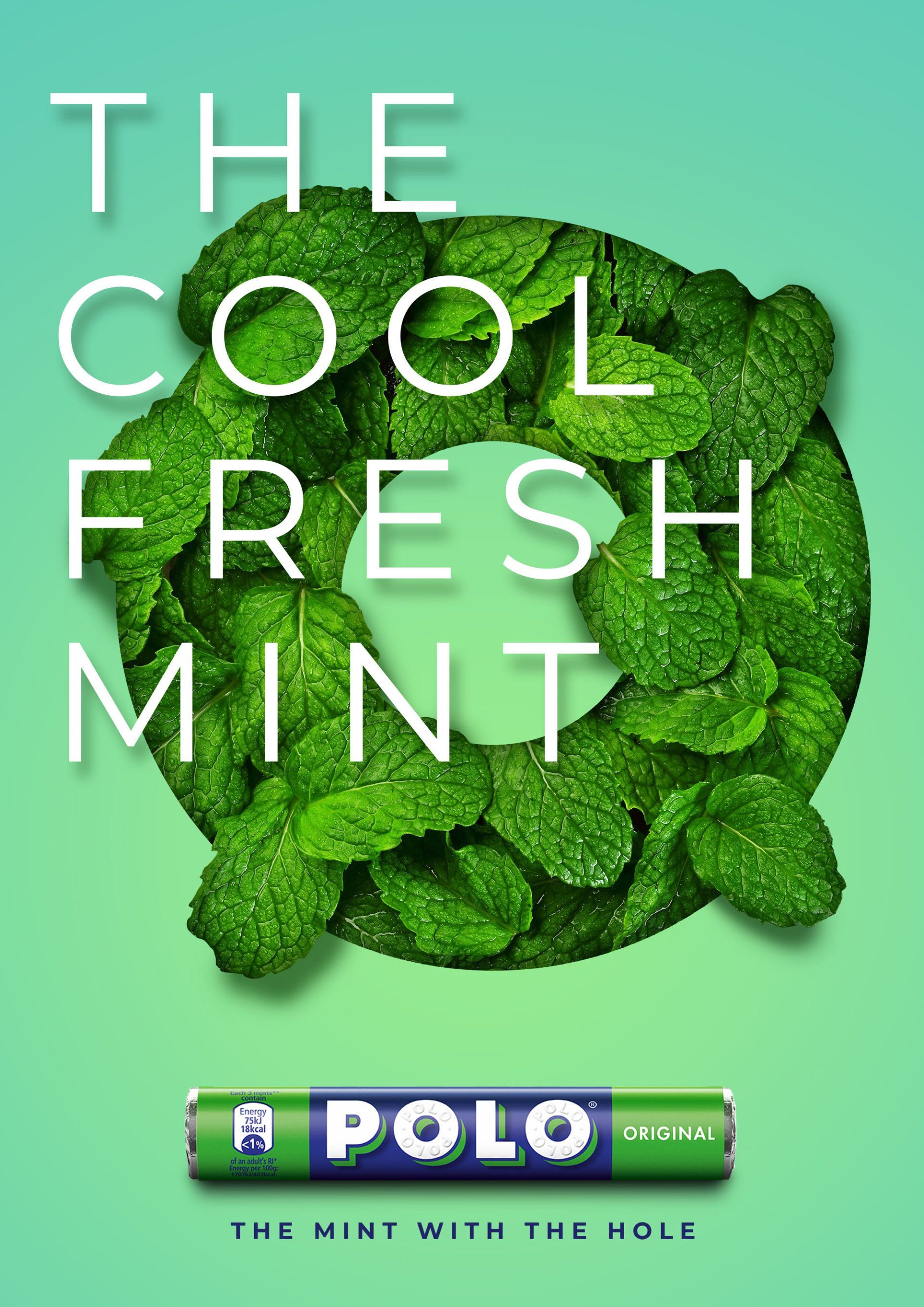 Polo mint advertisement with green mint leaves forming a circle. Text reads: 