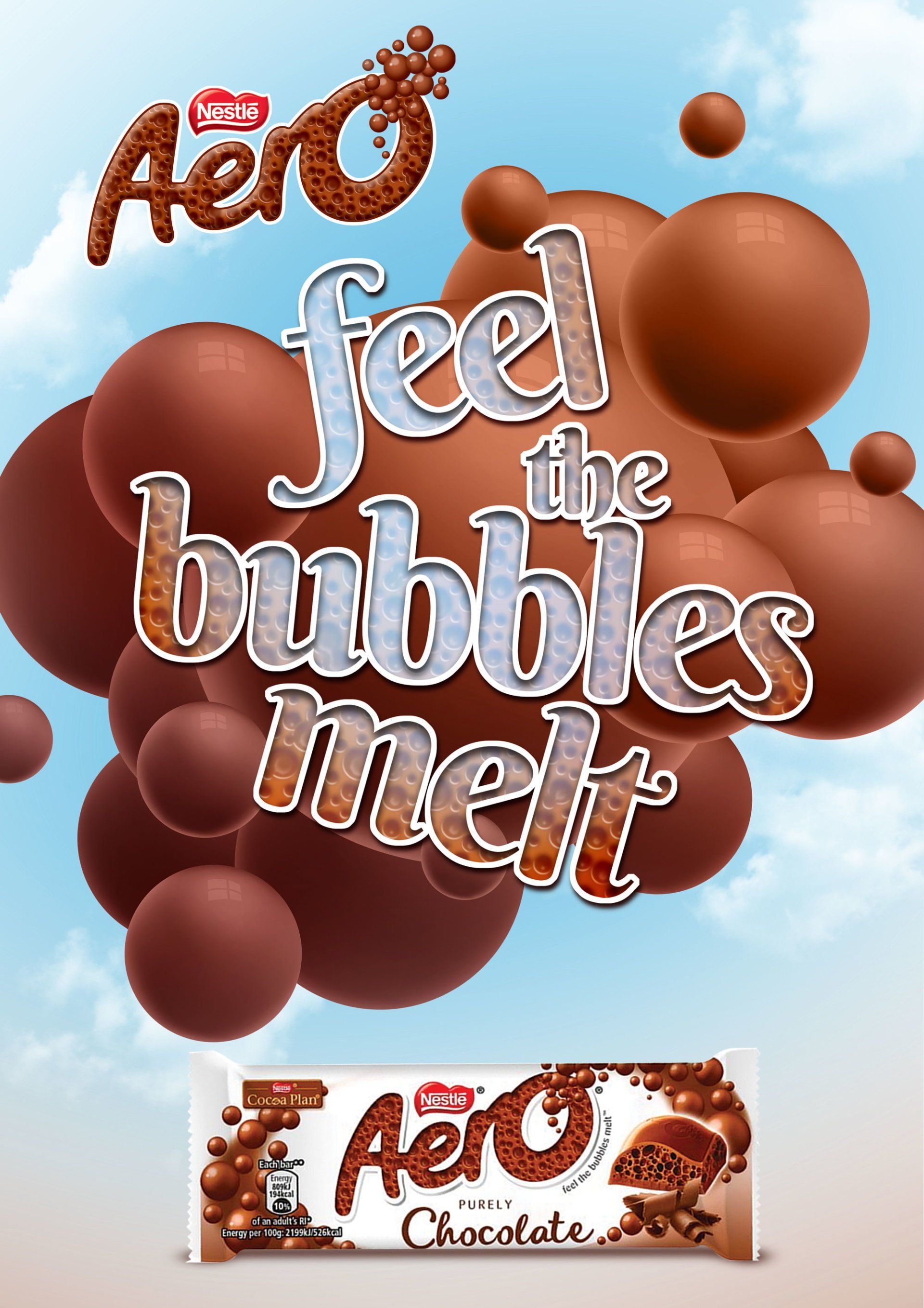 Aero chocolate bar ad with floating chocolate bubbles and the text 