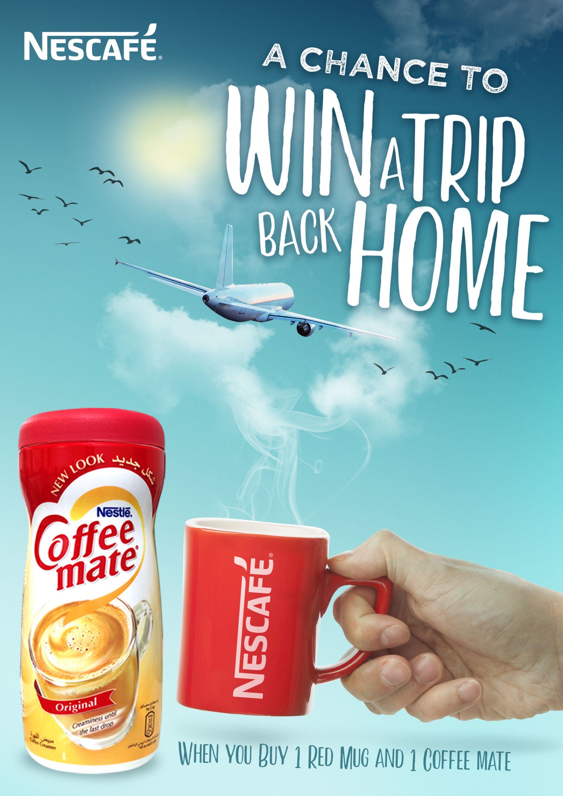 Nescafe ad: Coffee-mate, mug, hand, plane flying, text 