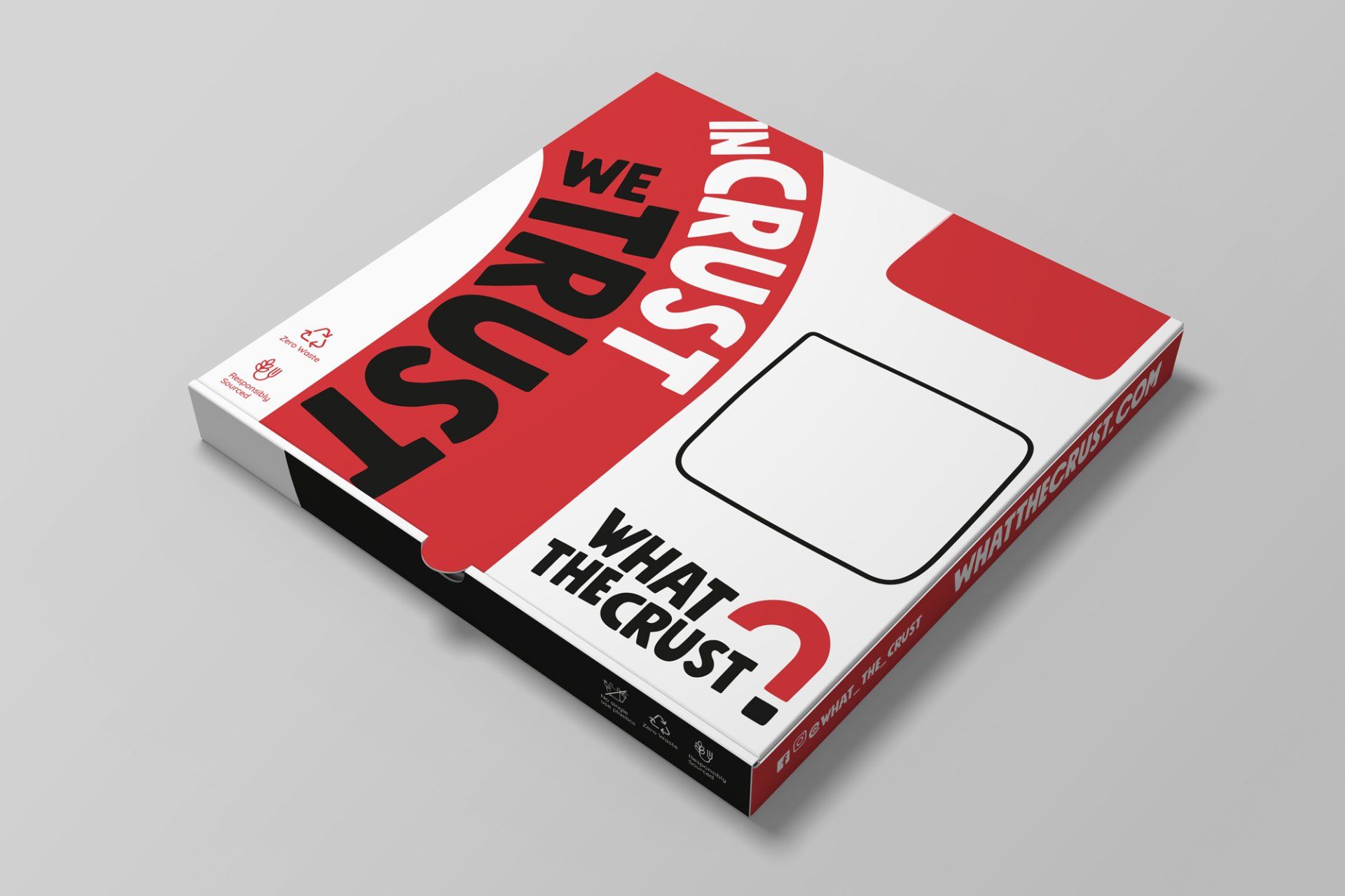 Pizza box with red and black text: 