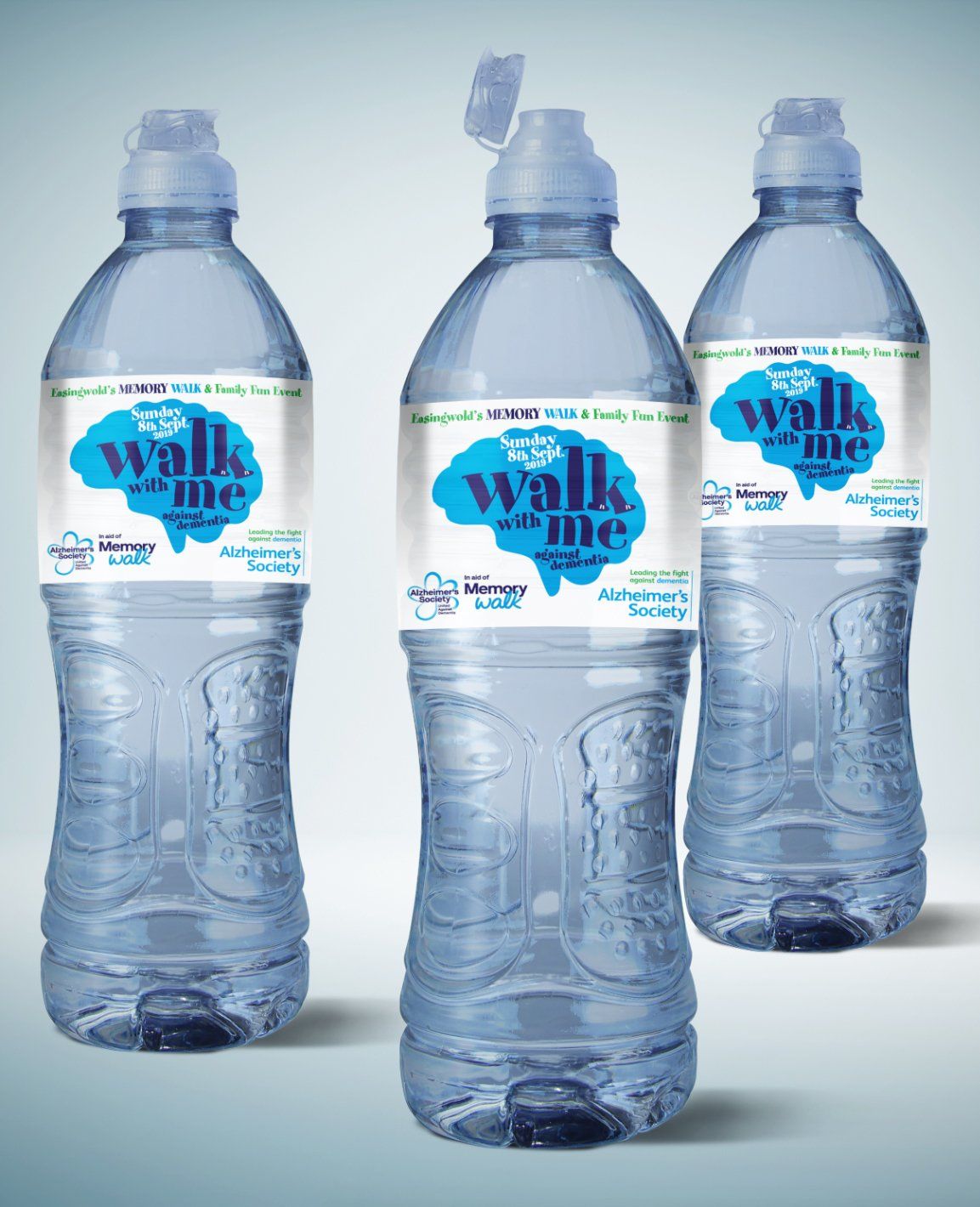 Three water bottles with blue labels and a brain graphic, labeled 