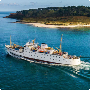 White ship sailing on blue water near a coastline with trees and a sandy beach.