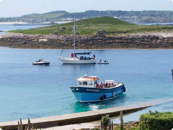 Boats in a harbor: blue water, blue and white boat in front, sailboat behind, island background.