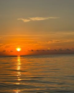 The sun is setting over the ocean and reflected in the water.