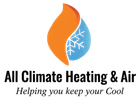 Logo for All Climate Heating & Air: orange flame-shaped design enclosing a blue water droplet with a snowflake. Text below reads “All Climate Heating & Air, Helping you keep your Cool.”