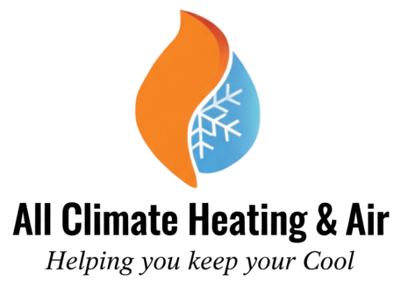Logo for All Climate Heating & Air: orange flame-shaped design enclosing a blue water droplet with a snowflake. Text below reads “All Climate Heating & Air, Helping you keep your Cool.”