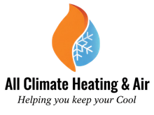 Logo for All Climate Heating & Air: orange flame-shaped design enclosing a blue water droplet with a snowflake. Text below reads &ldquo;All Climate Heating & Air, Helping you keep your Cool.&rdquo;