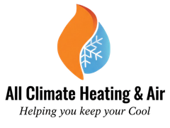 Logo for All Climate Heating & Air: orange flame-shaped design enclosing a blue water droplet with a snowflake. Text below reads “All Climate Heating & Air, Helping you keep your Cool.”