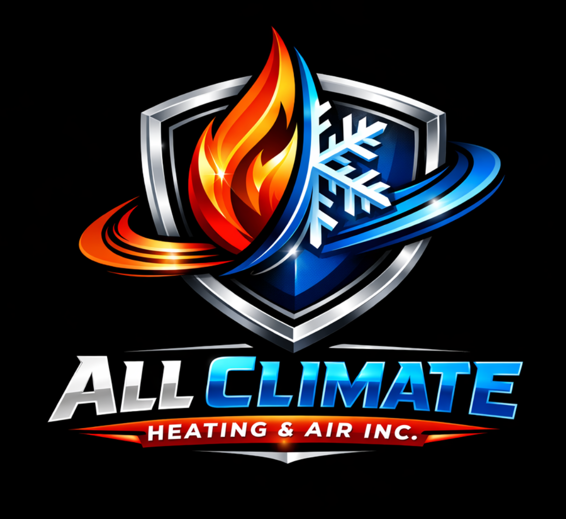 Logo for All Climate Heating & Air: orange flame-shaped design enclosing a blue water droplet with a snowflake. Text below reads “All Climate Heating & Air, Helping you keep your Cool.”