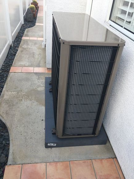 An outdoor air conditioning unit, light brown metal, on a black pad, next to a white wall.