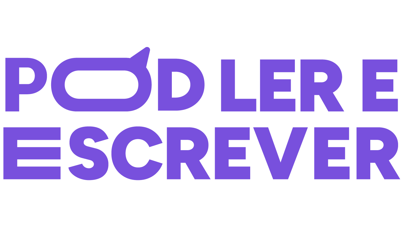 Um logotipo roxo que diz pod lere escrever em um fundo branco.