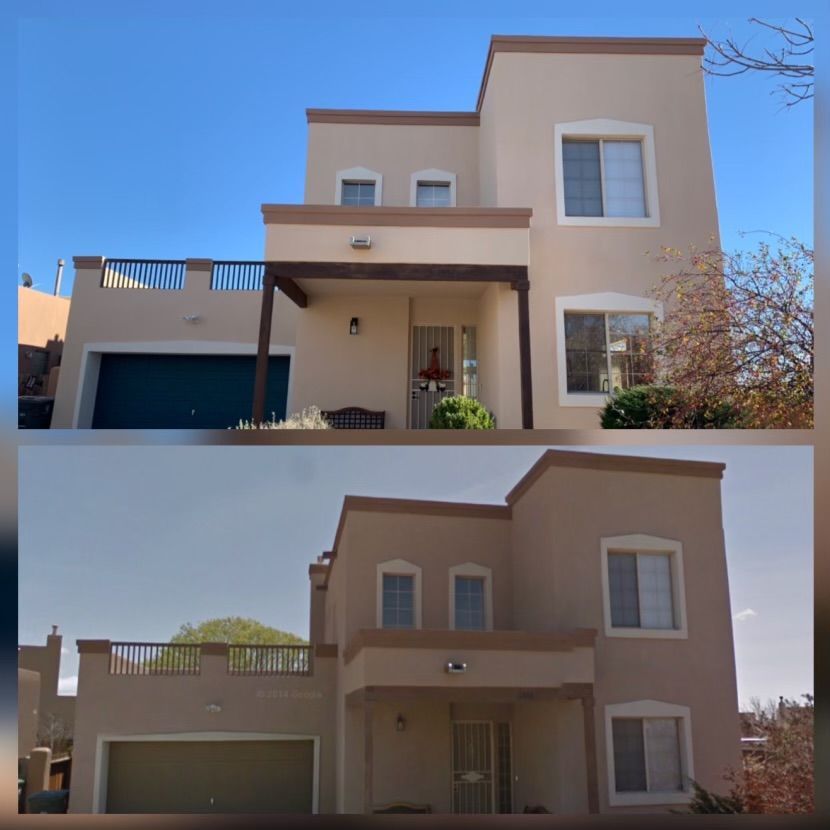 Before and after exterior stucco re-plaster with STO color finish on Santa Fe NM home