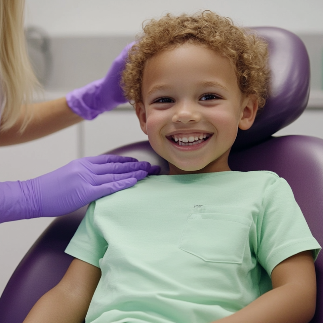 A young child smiling after a tooth-colored dental filling procedure