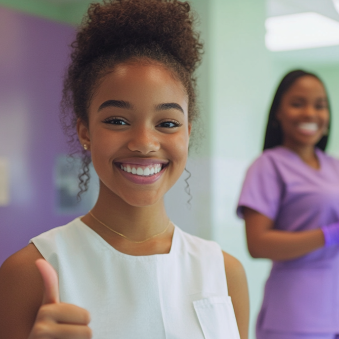 Teenager in the Hudson Valley smiling with her dental hygienist