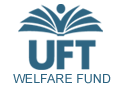 The logo for the uft welfare fund is a blue book with a person on it.