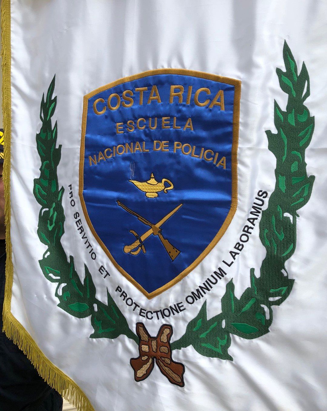 A costa rica flag with a shield on it