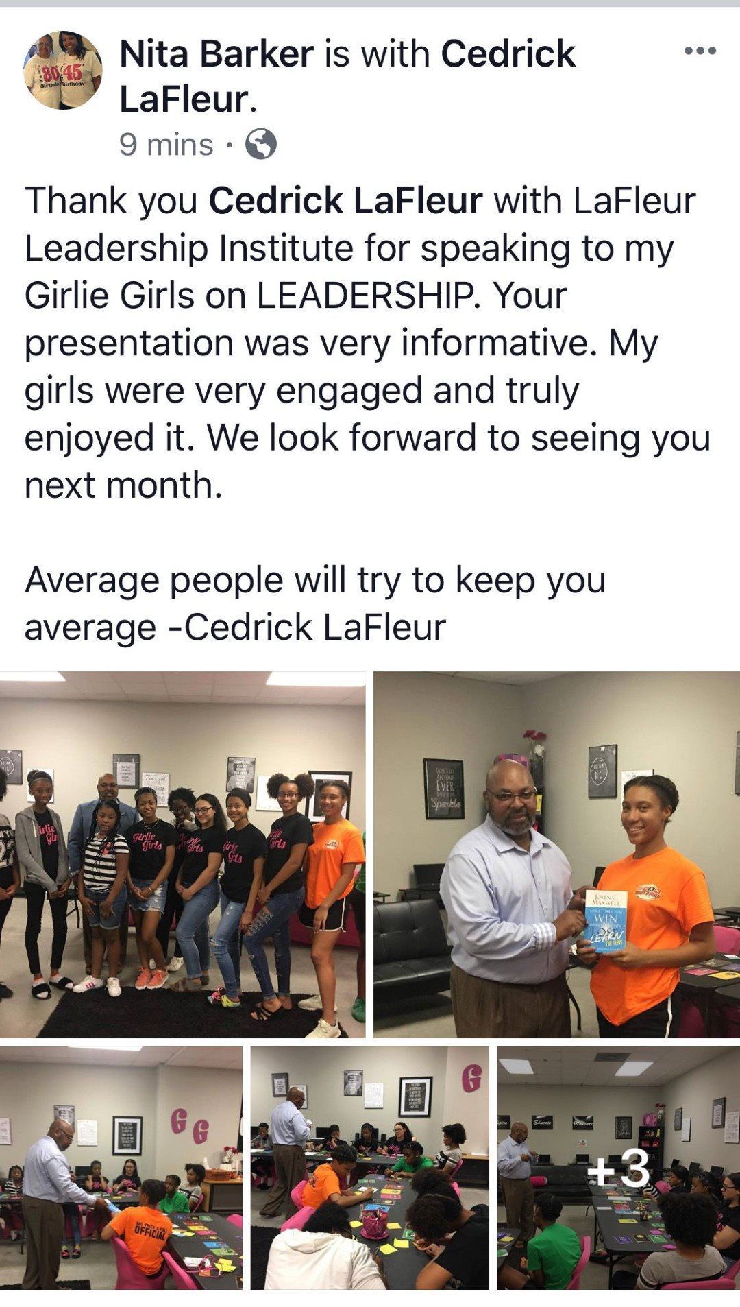 A facebook post from nita barker is with cedrick lafleur.
