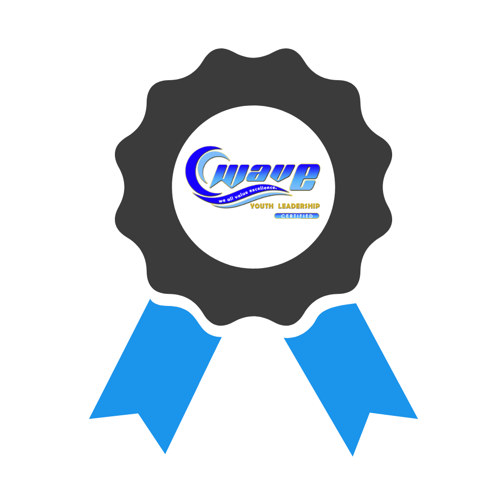 A blue ribbon with a wave logo on it