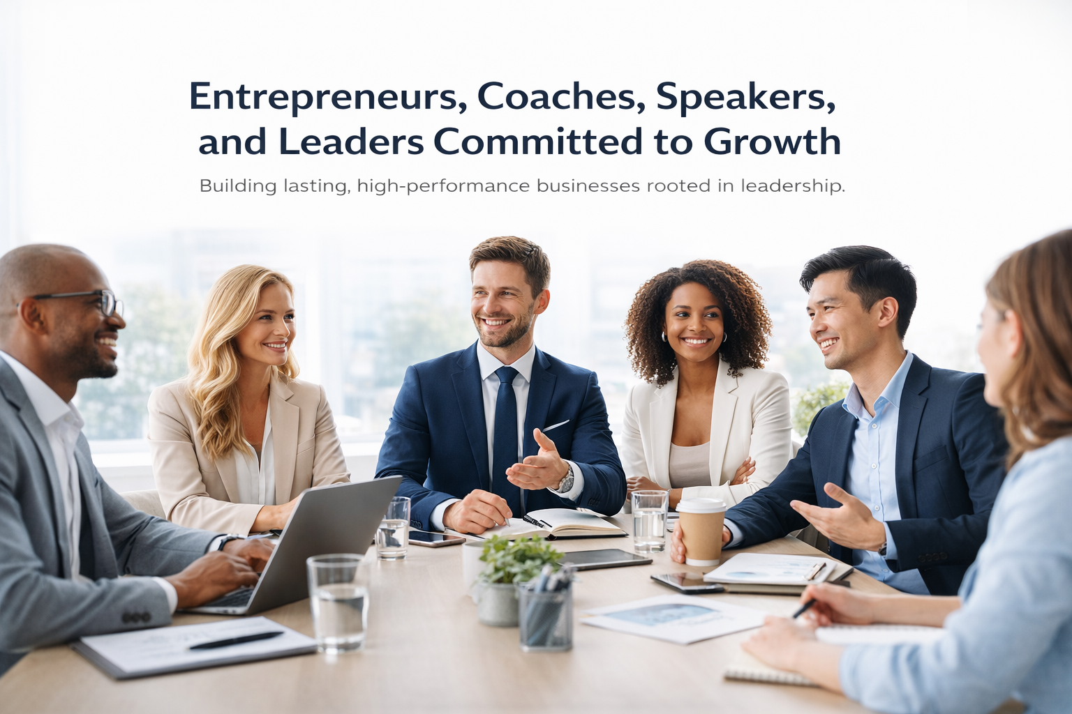 Group of diverse professionals at a conference table; text overlay reads: “Entrepreneurs, Coaches, Speakers, and Leaders Committed to Growth.”