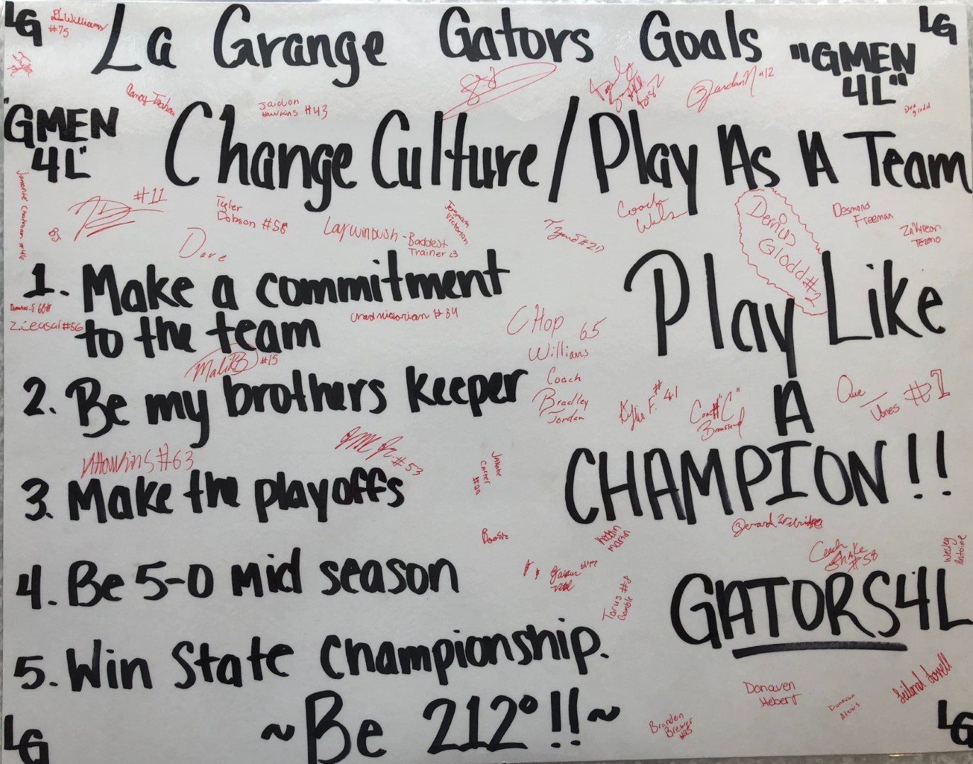 La grange gators goals are written on a white board