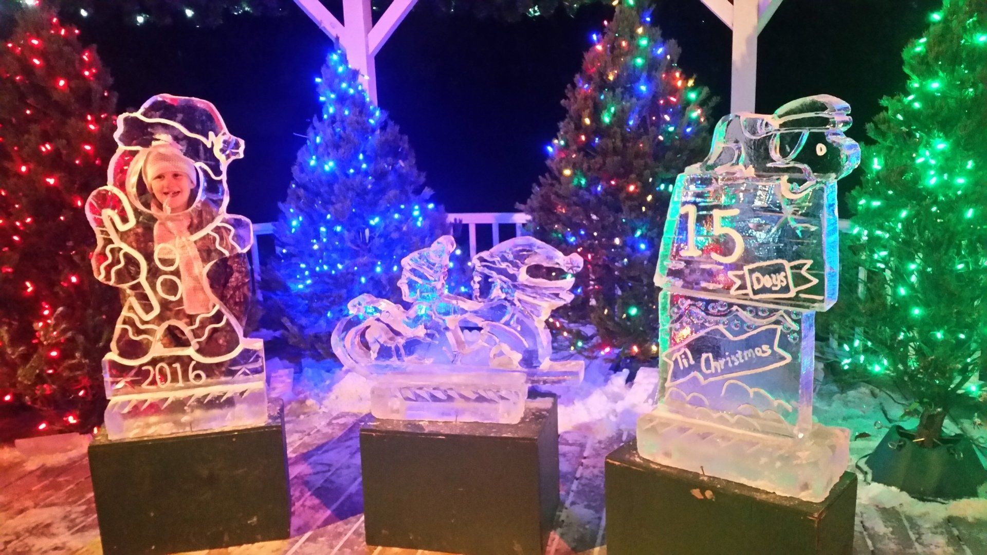 A group of ice sculptures are sitting next to each other in front of christmas trees.