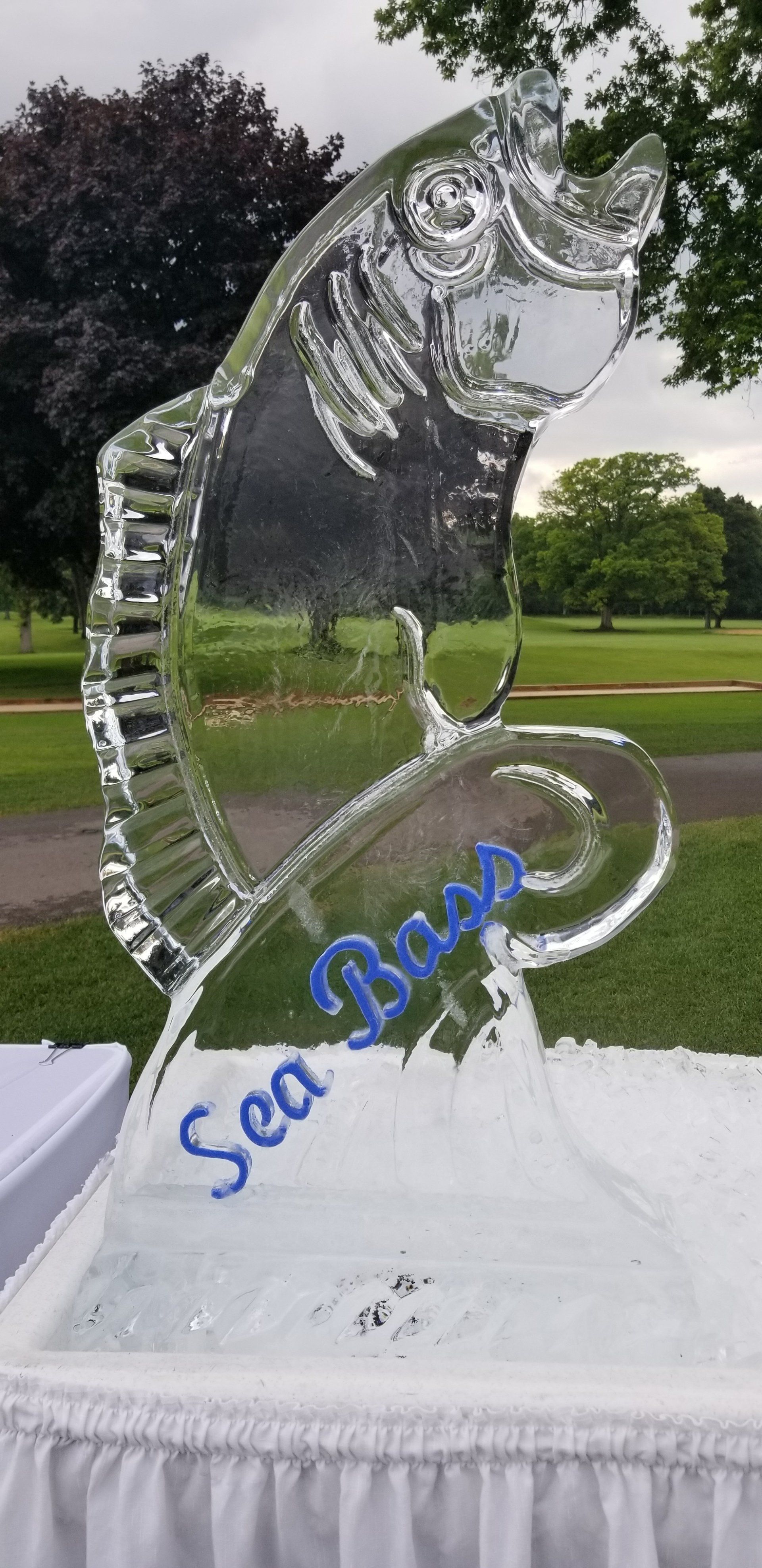 A large ice sculpture of a fish is sitting on top of a table.