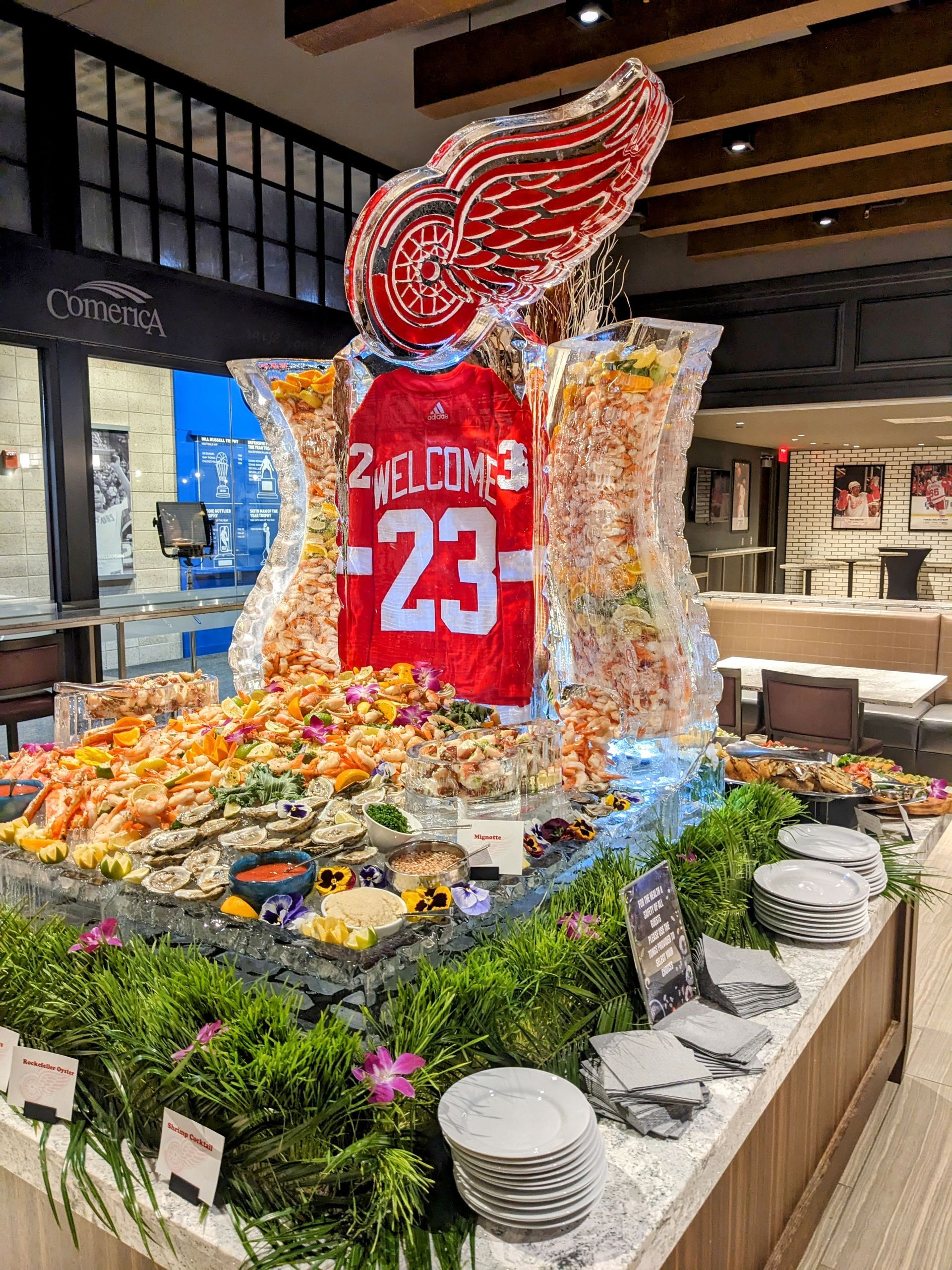 A large ice sculpture of a red jersey with the number 23 on it.
