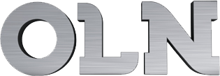 The word oln is written in stainless steel letters on a white background.