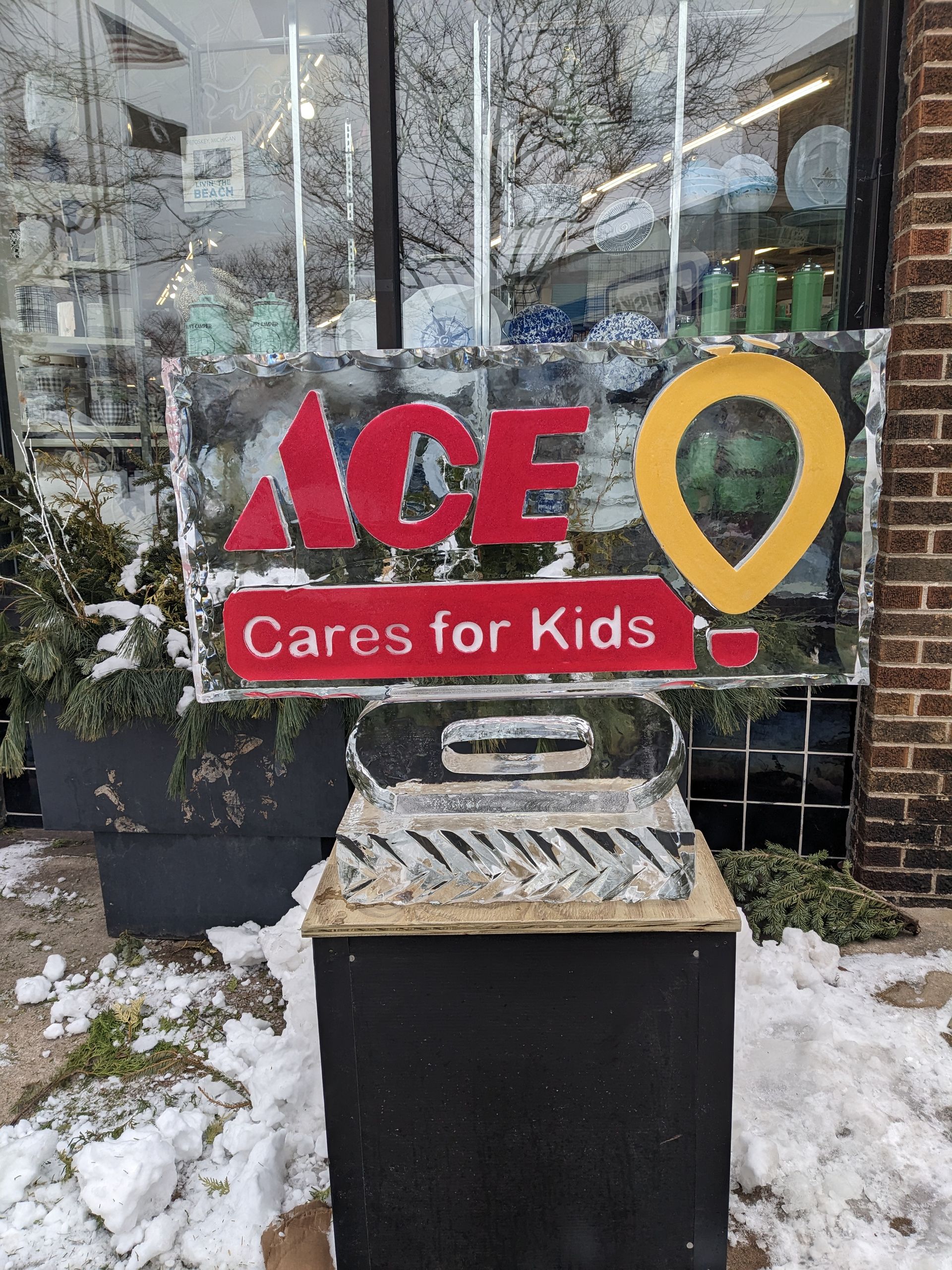 An ace cares for kids sign is carved out of ice