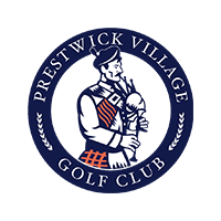 The logo for the prestwick village golf club shows a man playing a bagpipe.