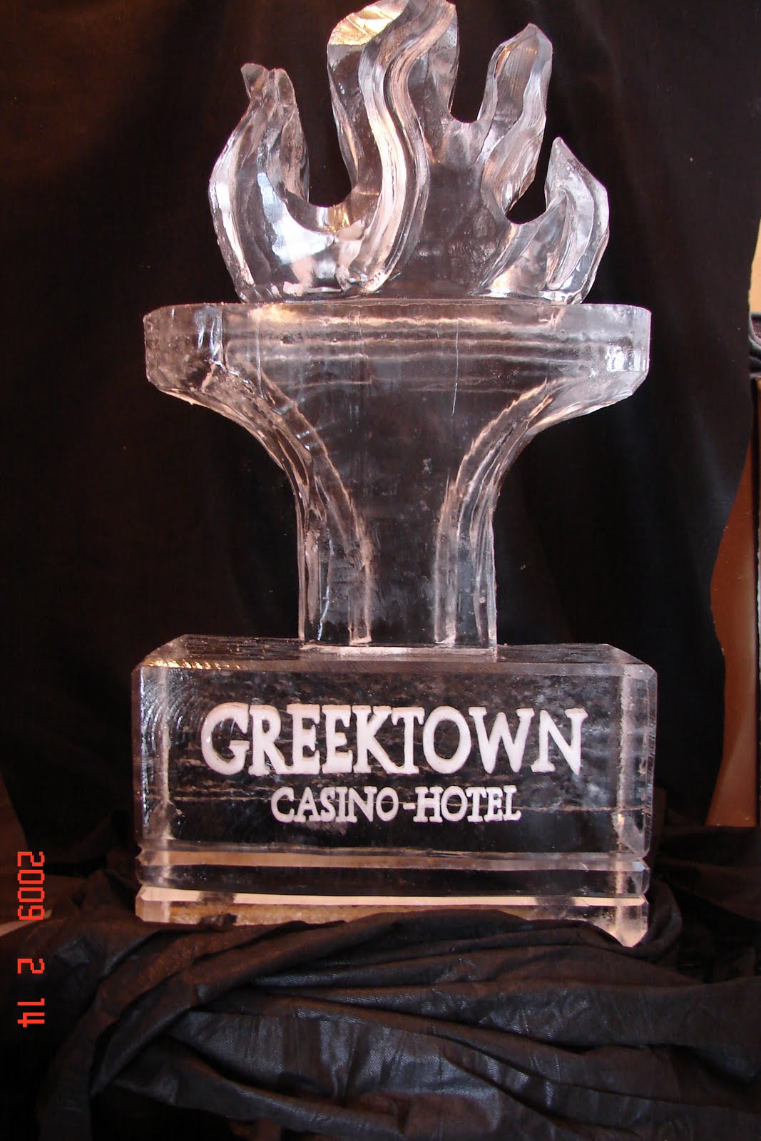 A greektown casino hotel ice sculpture on a table