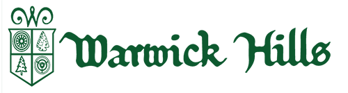 The logo for warwick hills has a shield on it