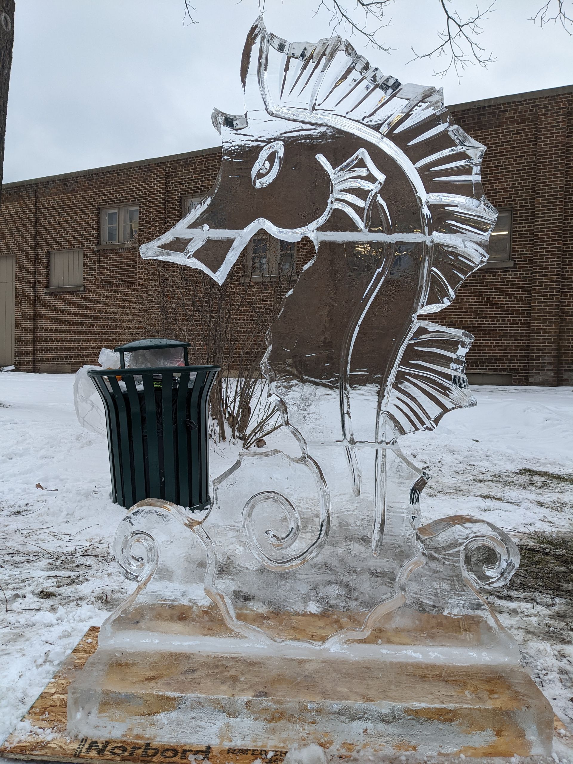 A large ice sculpture of a horse is sitting in the snow.
