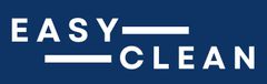 Logo for "Easy Clean logo," white text over blue background, horizontal bars connecting the words.