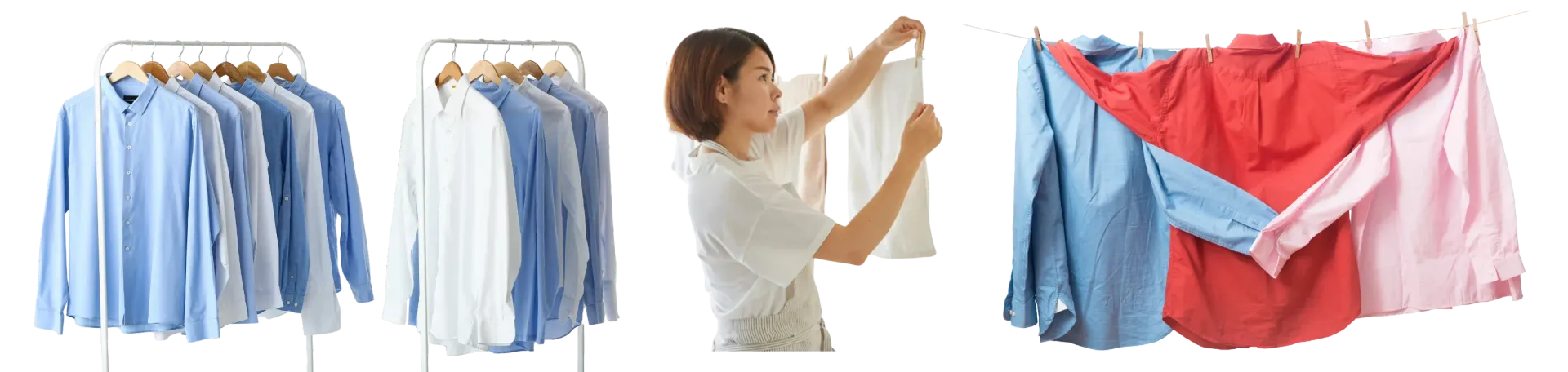 Woman hanging white shirt on clothesline with blue and red shirts, white background.