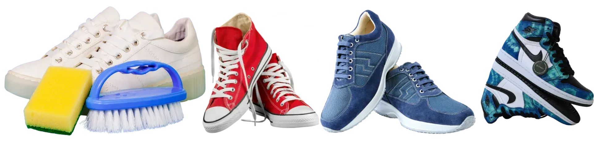Collection of shoes: white sneakers with cleaning supplies, black dress shoes, blue sneakers, and patterned high-tops.