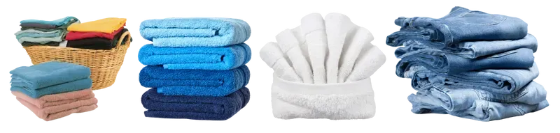 Stacks of folded towels and cloths in various colors: teal, orange, blue and white.