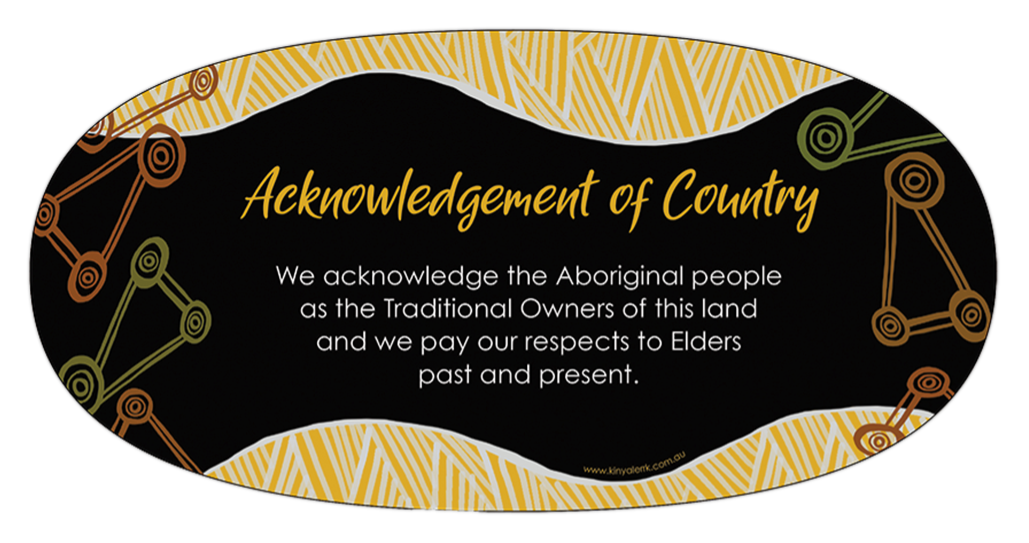 Skills Assure Acknowledgement of Country sign with black center, gold script, and Aboriginal-style border patterns — Accredited Training in Yatala, QLD