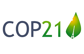 Un logo pour la cop21 avec une feuille verte et une goutte d'huile