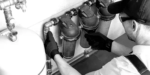 A worker in a cap and gloves installs water filtration units connected by pipes on a wall.