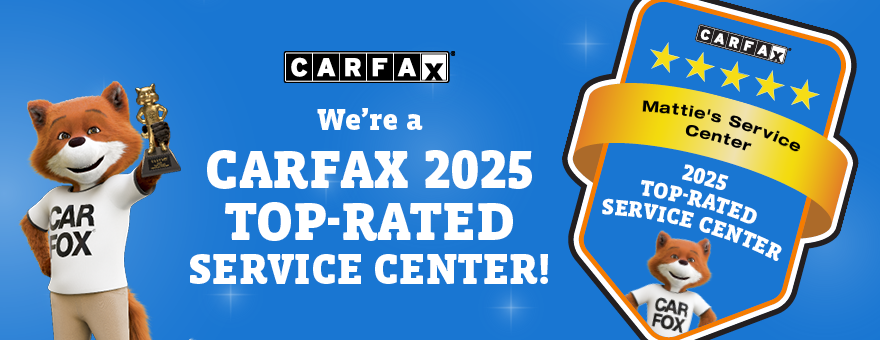 CARFAX graphic: Fox mascot, blue background, CARFAX 2024 top-rated service center badge, and text.