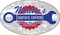 Logo for Mattie's Service Center, with blue and red gears, a wrench, and text on a grey oval.