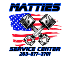 Logo for Mattie's Service Center with a wrench, text, and photo background. Addresses are in the logo.