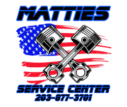 Logo for Mattie's Service Center with a wrench, text, and photo background. Addresses are in the logo.