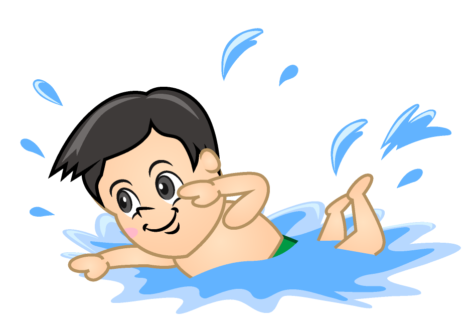 A cartoon of a boy swimming in the water.