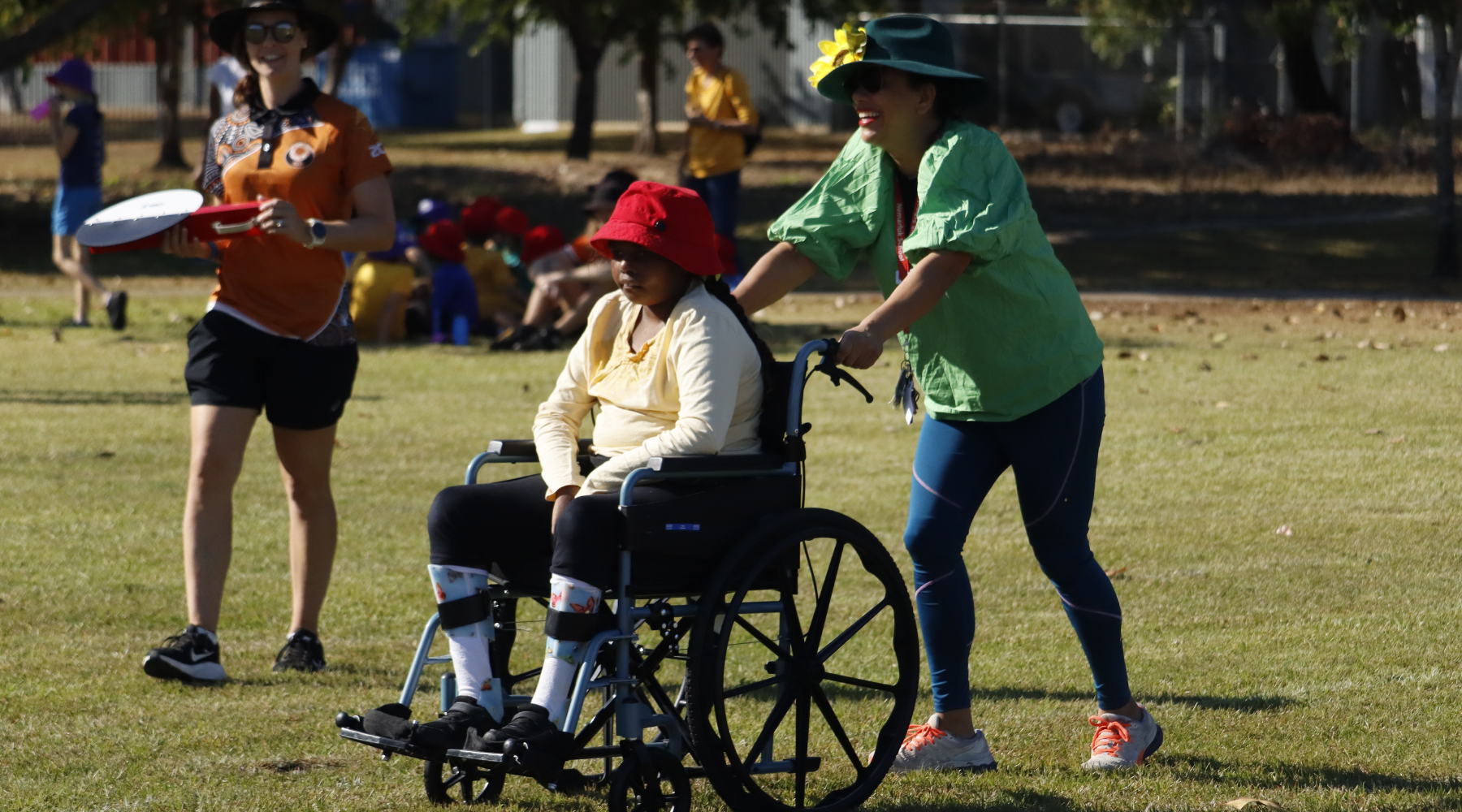 Person in a wheel chair being pushed accross the grass