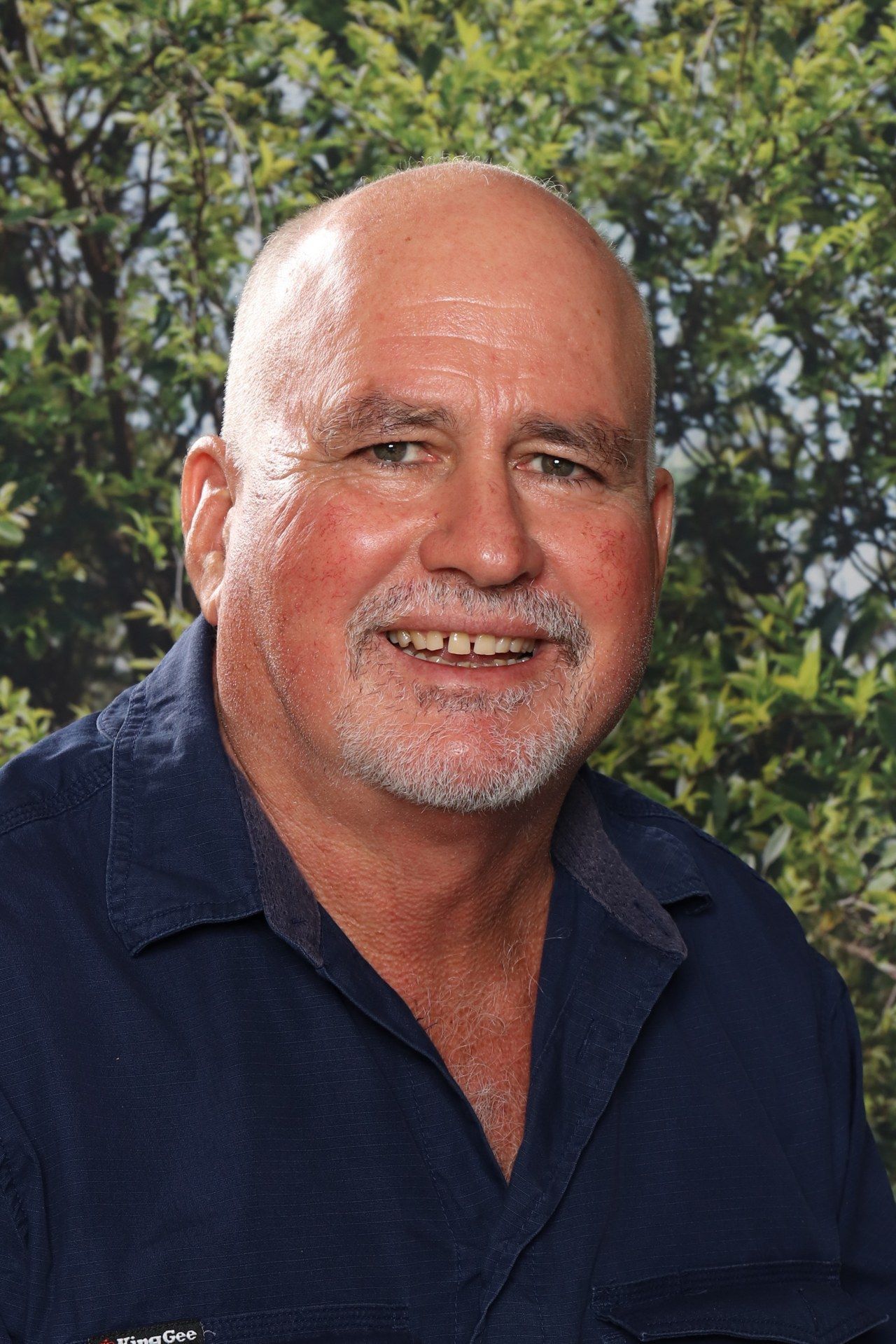 A bald man with a beard and mustache is wearing a blue shirt.